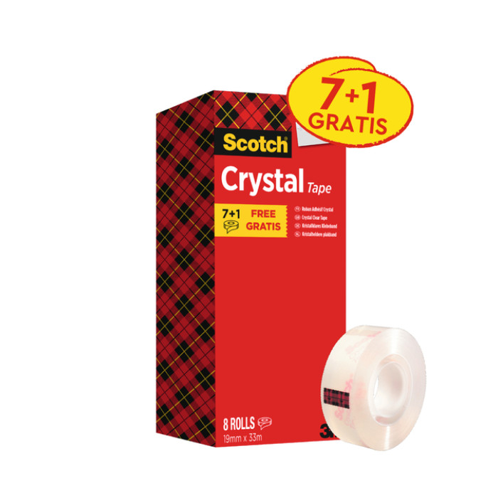 Plakband Scotch Crystal 600 19mmx33m transparant 7+1 gratis