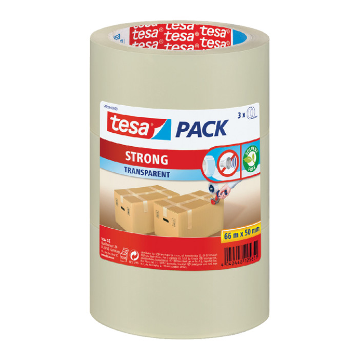 Verpakkingstape tesapack® Strong 66mx50mm PP transparant 3 rollen