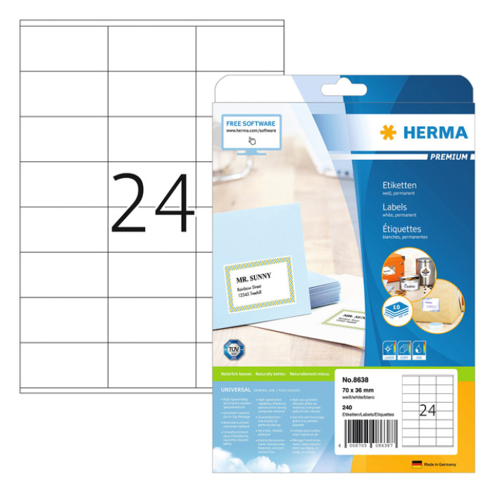 Etiket HERMA 8638 70x36mm premium wit 240stuks