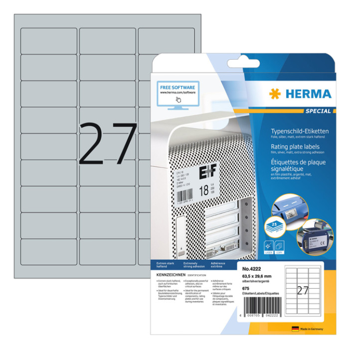 Etiket HERMA 4222 63.5x29.6mm weerbestendig zilver 675stuks