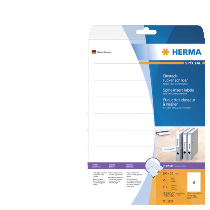 Rug-insteekkaart HERMA 5122 smal 30x190mm wit 25 vel