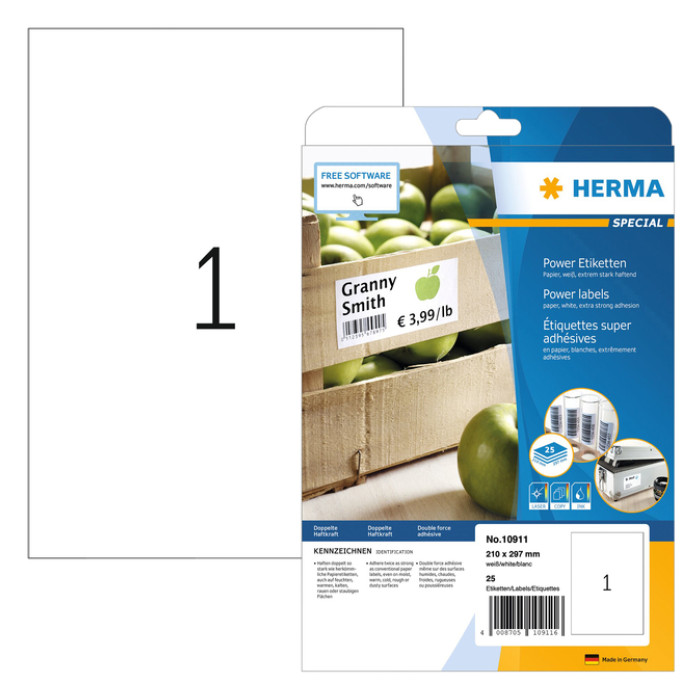 Etiket HERMA Power 10911 210x297mm wit 25stuks