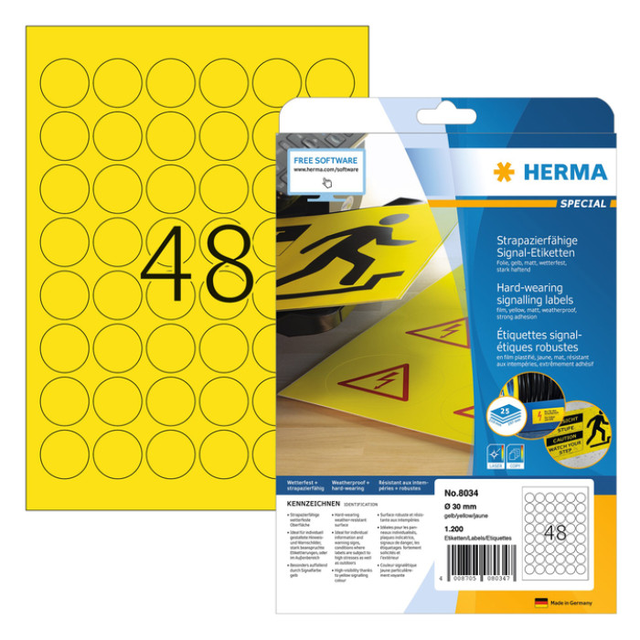 Etiket HERMA 8034 30mm rond weerbestendig geel 1200stuks