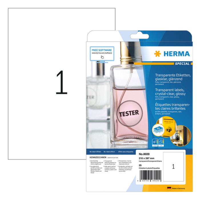Etiket HERMA 8020 210x297mm transparant 25 etiketten