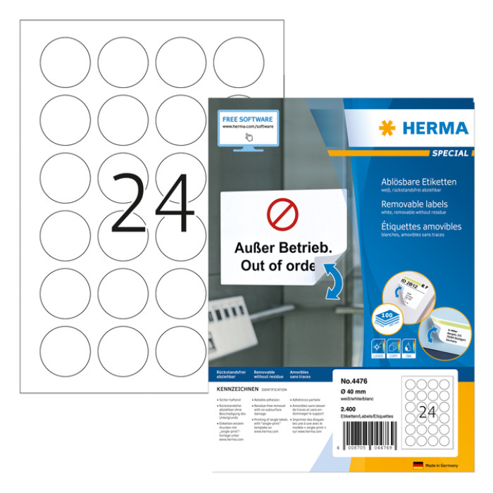 Etiket HERMA 4476 40mm verwijderbaar wit 2400 etiketten