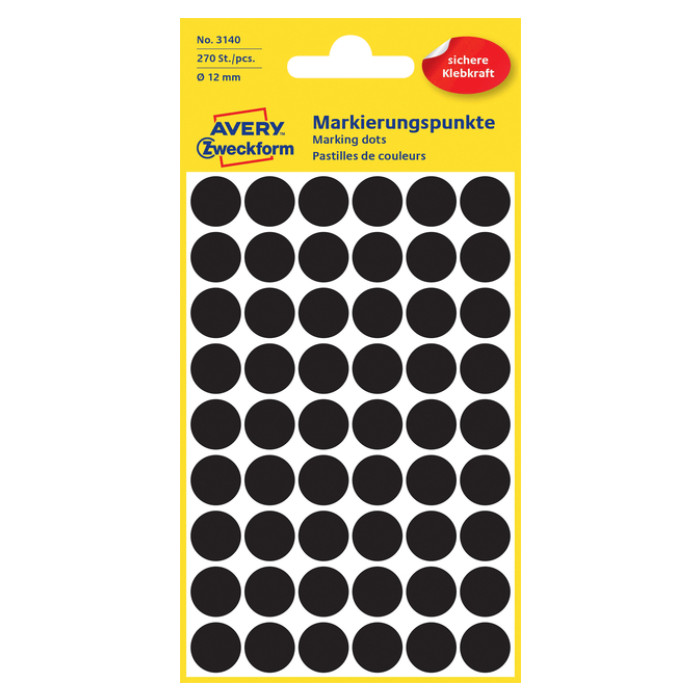 Etiket Avery Zweckform 3140 rond 12mm zwart 270 etiketten