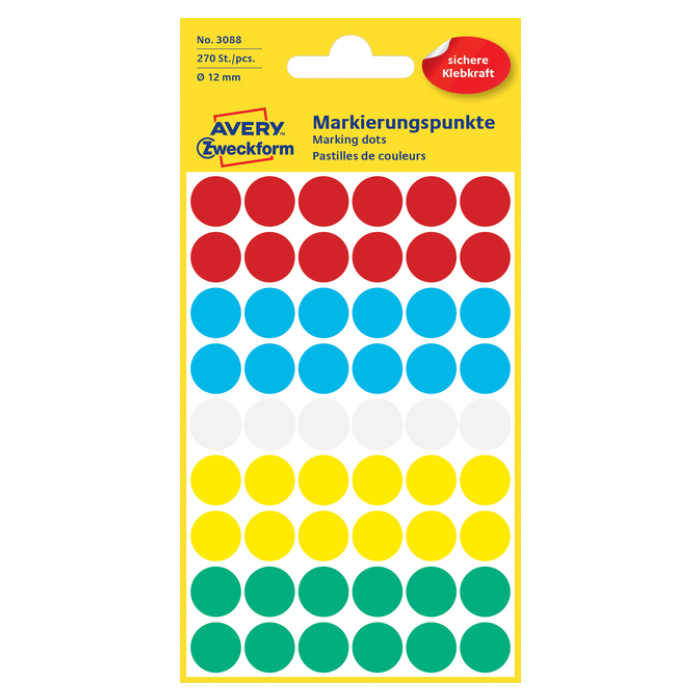 Etiket Avery Zweckform 3088 rond 12mm assorti 270 etiketten