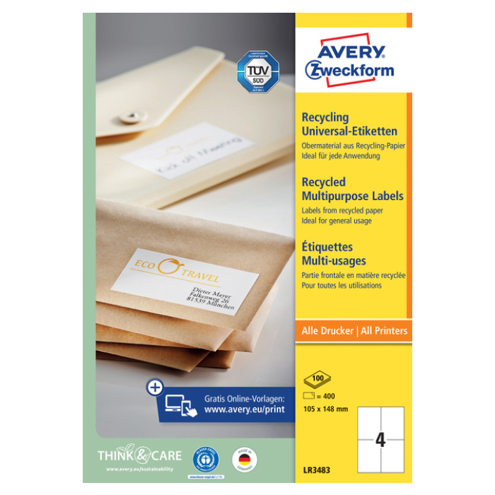 Etiket Avery Zweckform LR3483 105x148mm A6 recycled wit 400 etiketten