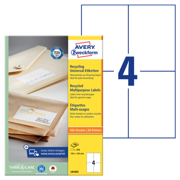 Etiket Avery Zweckform LR3483 105x148mm A6 recycled wit 400 etiketten