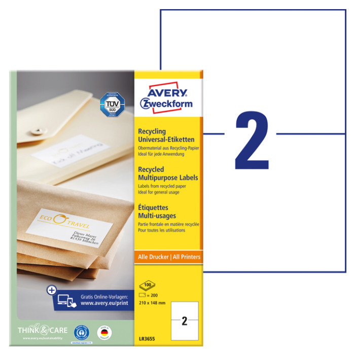 Etiket Avery Zweckform LR3655 210x148mm A5 recycled wit 200 etiketten