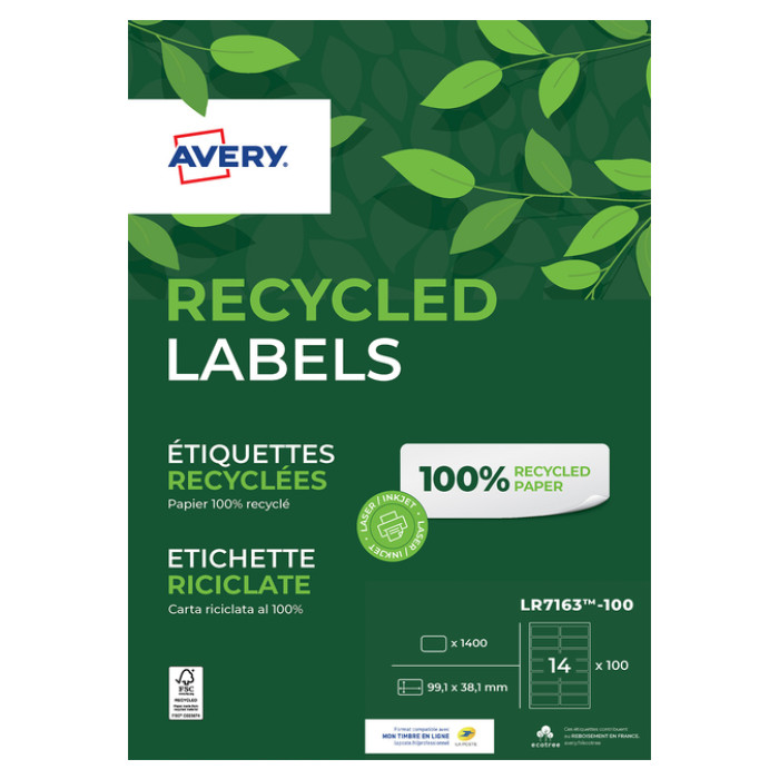 Etiket Avery LR7163-100 99.1x38.1mm recycled wit 1400 etiketten