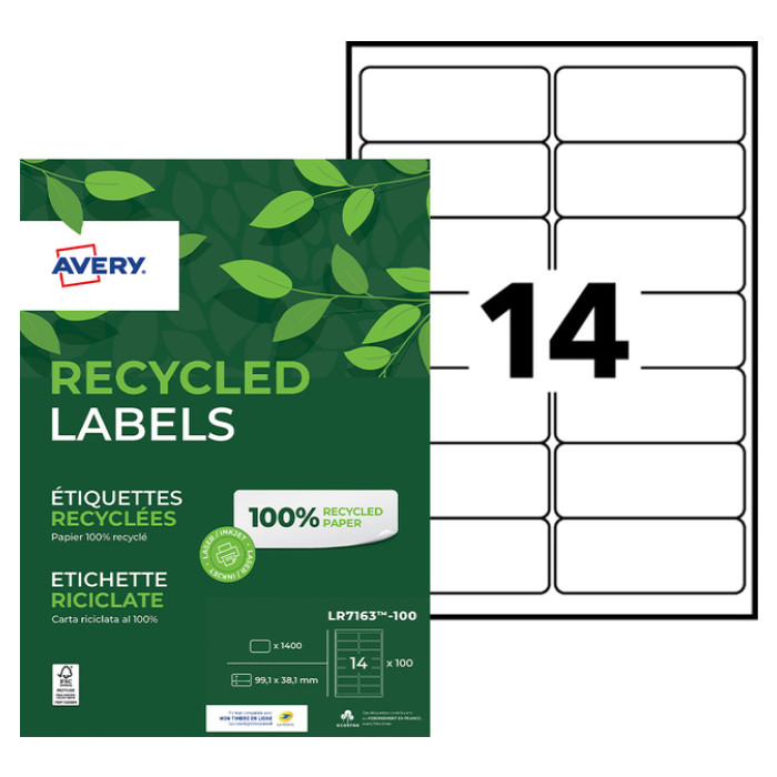 Etiket Avery LR7163-100 99.1x38.1mm recycled wit 1400 etiketten