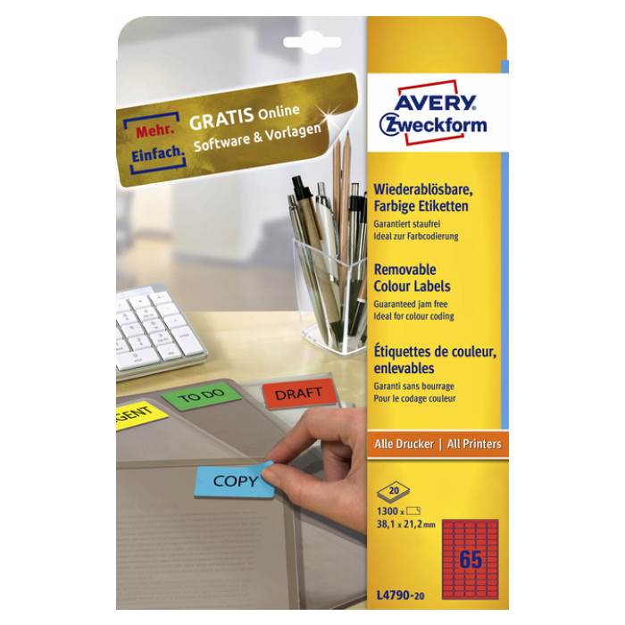 Etiket Avery Zweckform L4790-20 38.1x21.2mm rood 1300stuks