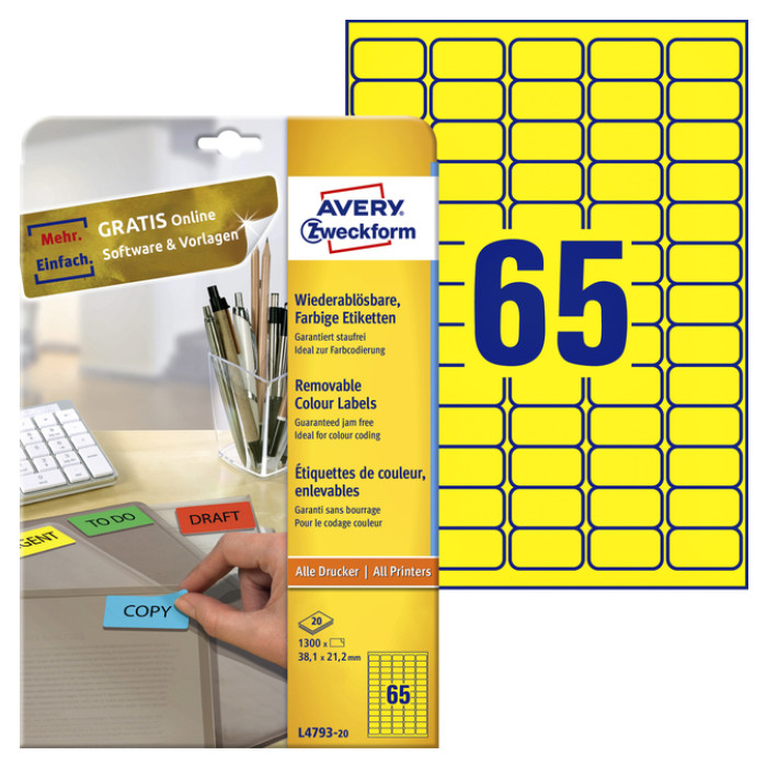 Etiket Avery Zweckform L4793-20 38.1x21.2mm geel 1300 etiketten