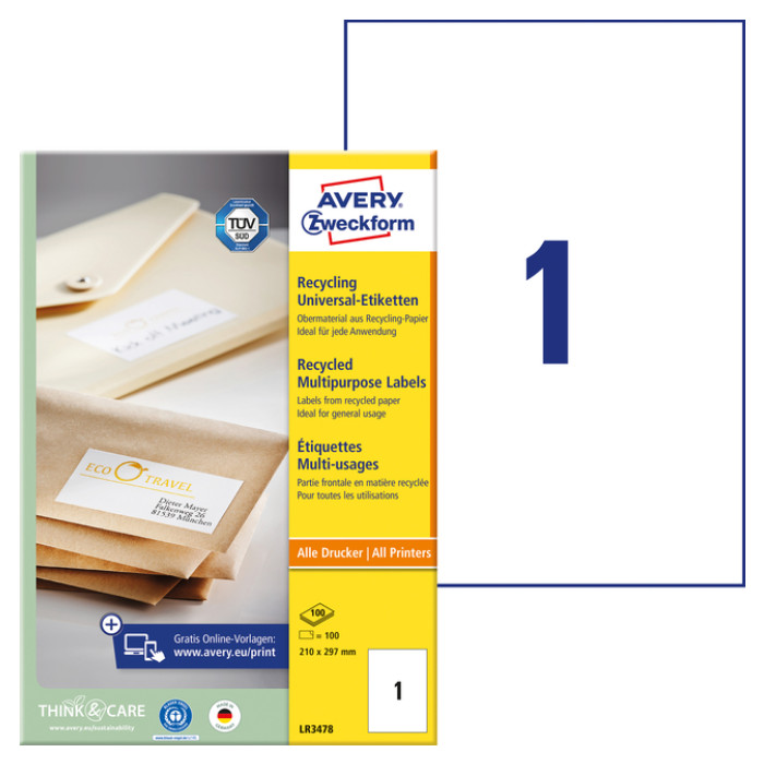 Etiket Avery Zweckform LR3478 210x297mm A4 recycled wit 100 etiketten
