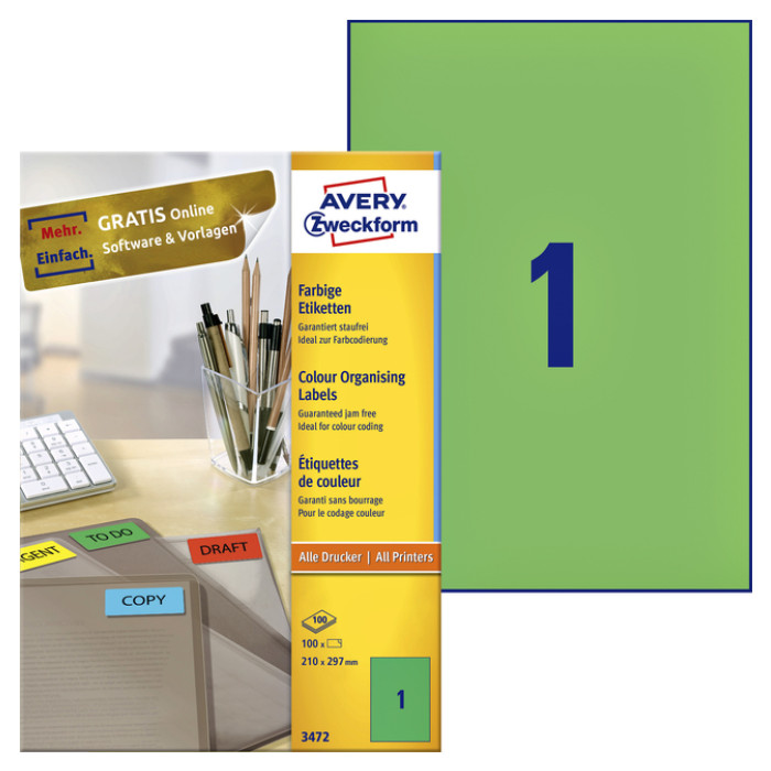 Etiket Avery Zweckform 3472 210x297mm A4 groen 100stuks