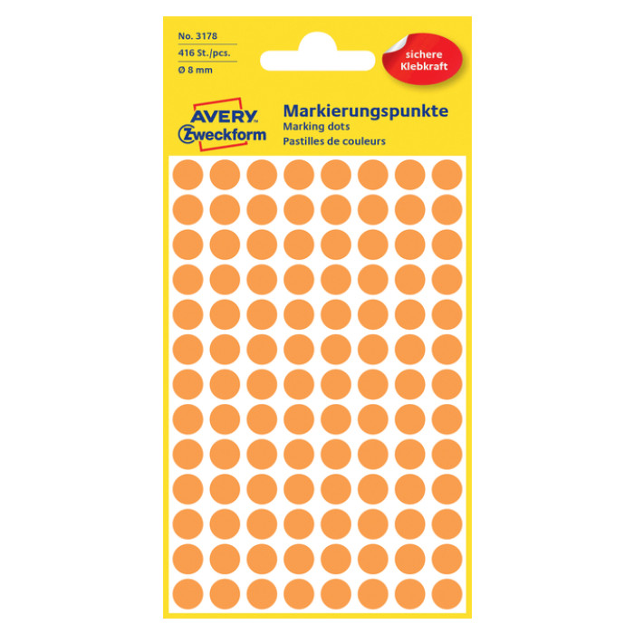 Etiket Avery Zweckform 3178 rond 8mm oranje 416 etiketten