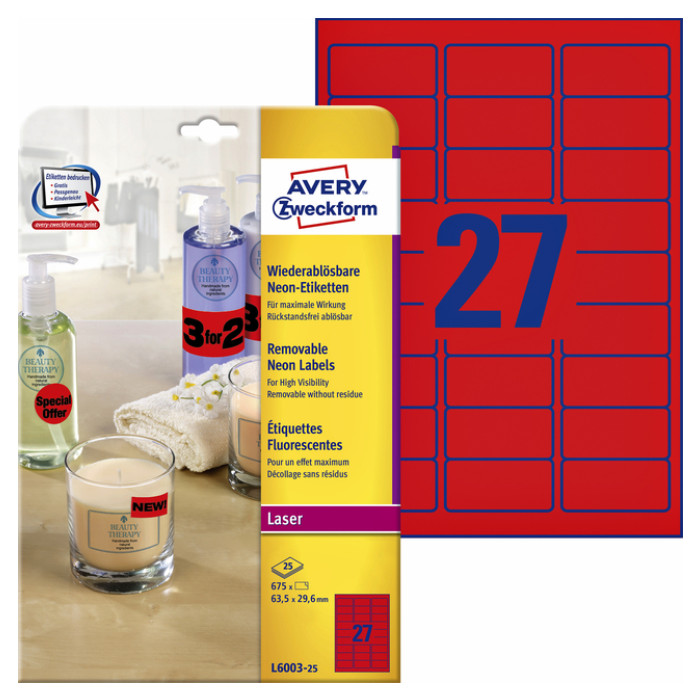 Etiket Avery L6003-25 63.5x29.6 neon rood 675 etiketten