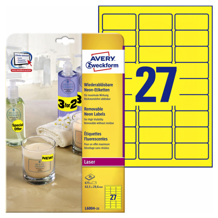 Etiket Avery L6004-25 63.5x29.6 neon geel 675 etiketten