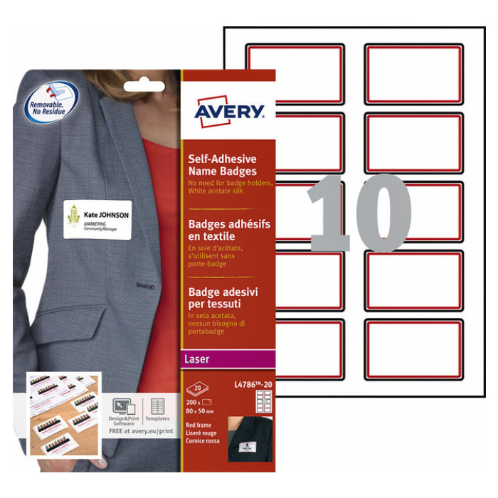 Naambadge etiket Avery L4786-20 80x50mm rood kader 200 etiketten