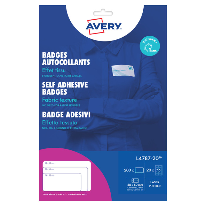 Naambadge etiket Avery L4787-20 80x50mm blauw kader 200 etiketten