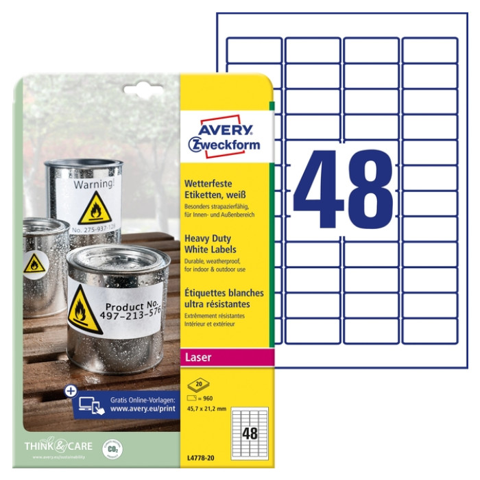 Etiket Avery L4778-20 45.7x21.2mm polyester wit 960 etiketten