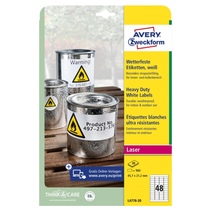 Etiket Avery L4778-20 45.7x21.2mm polyester wit 960 etiketten