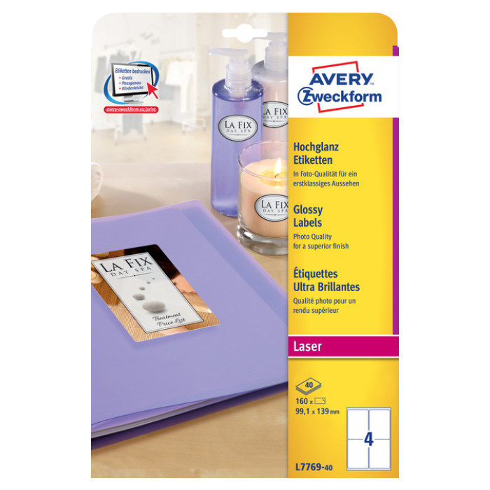 Etiket Avery Zweckform L7769-40 99.1x139mm hoogglans wit 160stuks