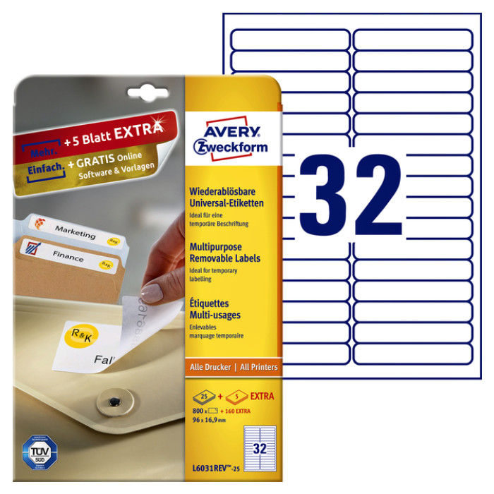 Etiket Avery Zweckform L6031REV-25 96x16.9mm afneembaar wit 800stuks