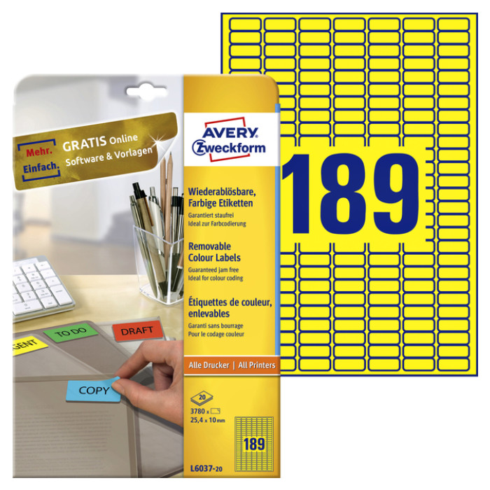 Etiket Avery Zweckform L6037-20 25.4x10mm geel 3780stuks