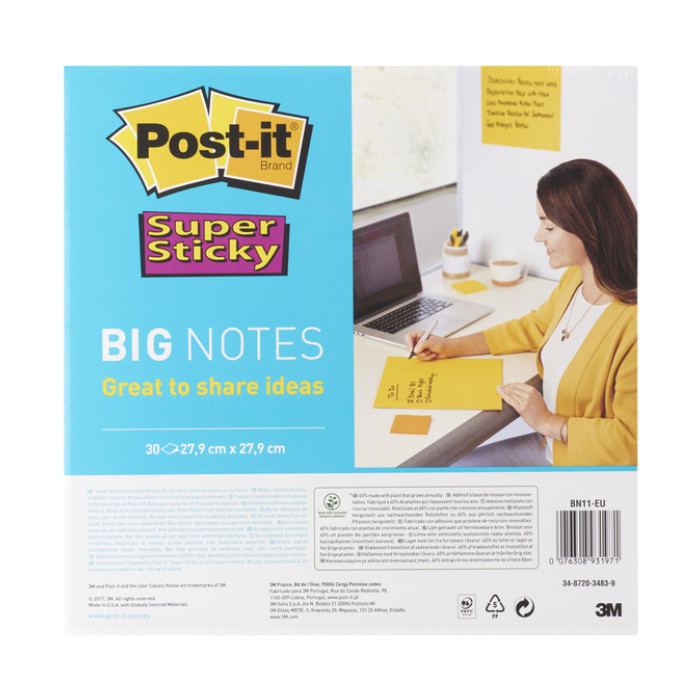 Memoblok Post-it Super Sticky Big Notes BN11-EU geel 279x279mm 30 vel