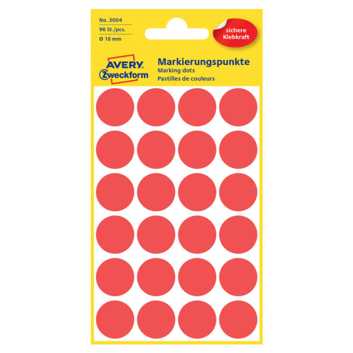Etiket Avery Zweckform 3004 rond 18mm rood 96 etiketten