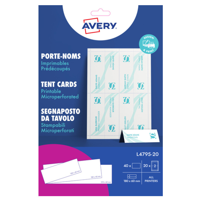 Tafelnaambord Avery L4795-20 180x60mm wit 20 stuks