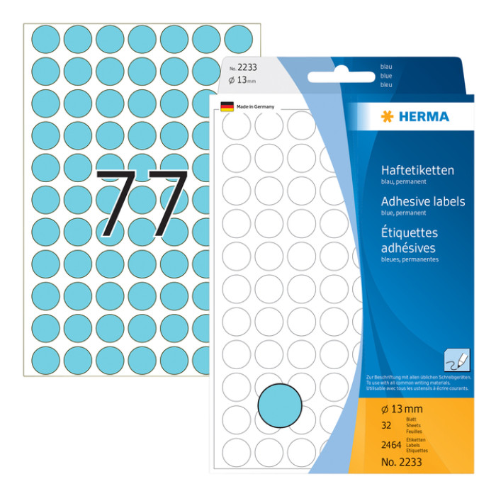 Etiket HERMA 2233 rond 13mm blauw 2464stuks