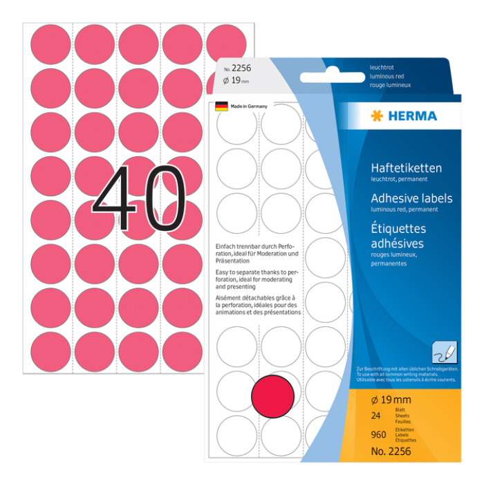 Etiket HERMA 2256 rond 19mm fluor rood 960stuks
