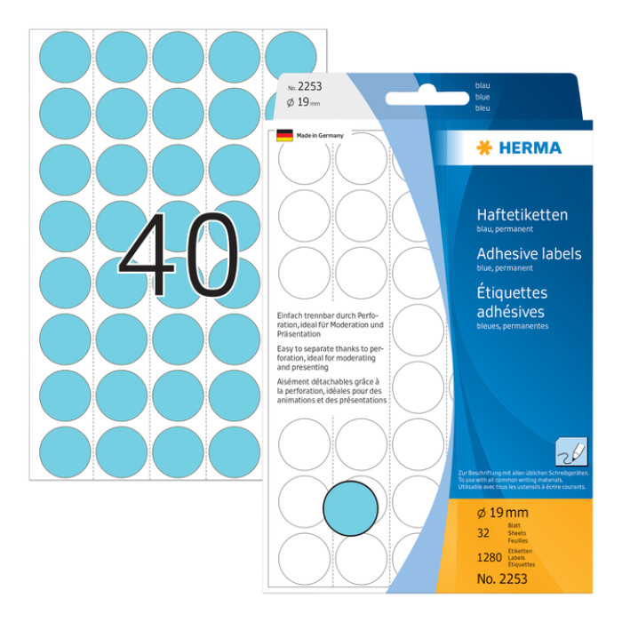 Etiket HERMA 2253 rond 19mm blauw 1280stuks