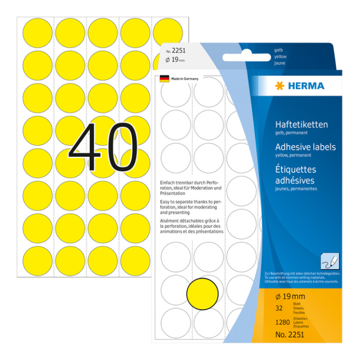 Etiket HERMA 2251 rond 19mm geel 1280stuks
