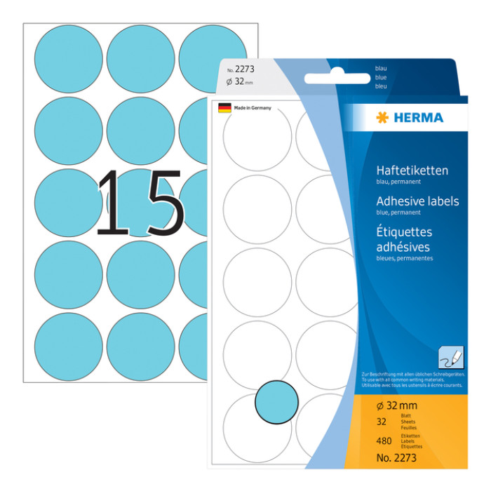 Etiket HERMA 2273 rond 32mm blauw 480stuks