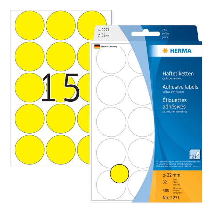 Etiket HERMA 2271 rond 32mm geel 480stuks