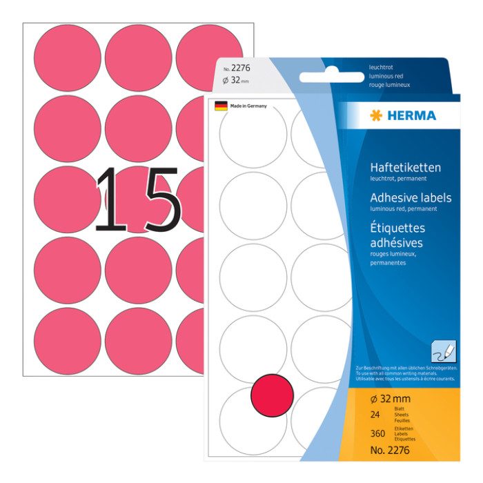 Etiket HERMA 2276 rond 32mm fluor rood 360stuks