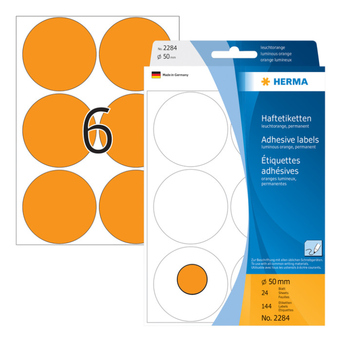 Etiket HERMA 2284 rond 50mm fluor oranje 144 etiketten