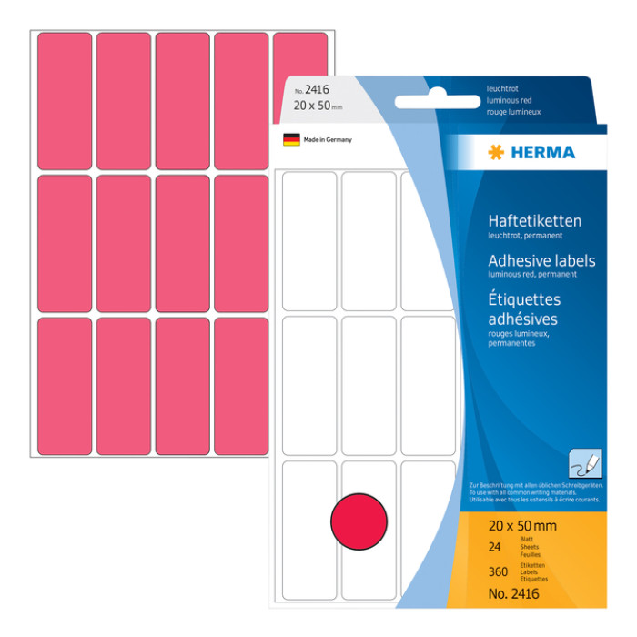 Etiket HERMA 2416 20x50mm fluor rood 360 etiketten