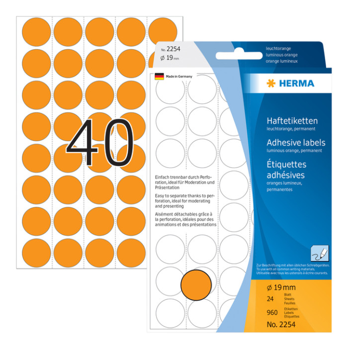 Etiket HERMA 2254 rond 19mm fluor oranje 960stuks