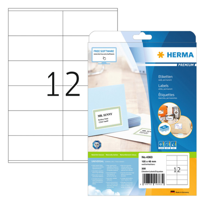 Etiket HERMA 4363 105x48mm premium wit 300 etiketten