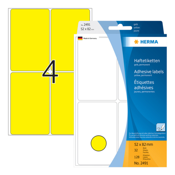 Etiket HERMA 2491 52x82mm geel 128 stuks