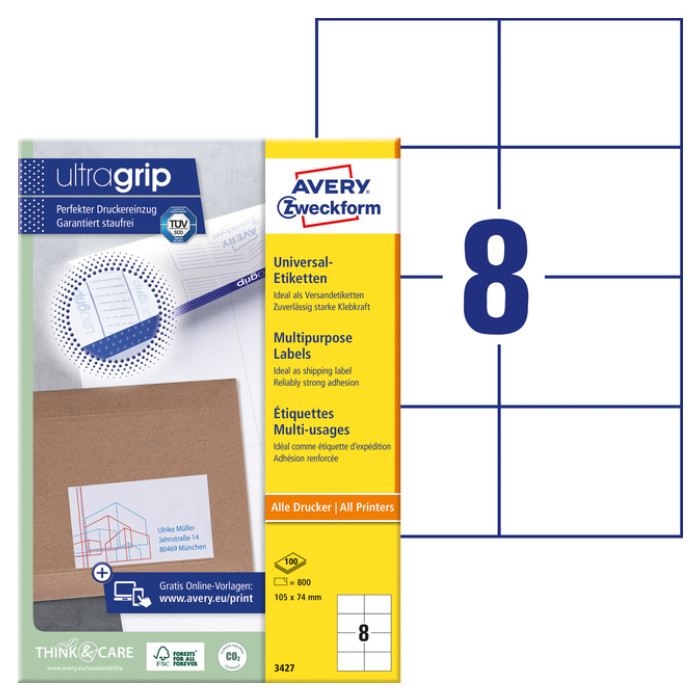 Etiket Avery Zweckform 3427 105x74mm wit 800stuks