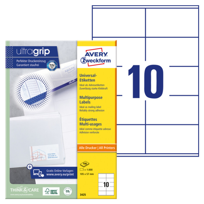 Etiket Avery Zweckform 3425 105x57mm wit 1000stuks