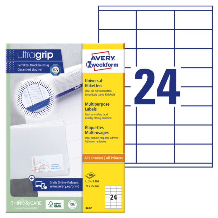 Etiket Avery Zweckform 3422 70x35mm wit 2400stuks