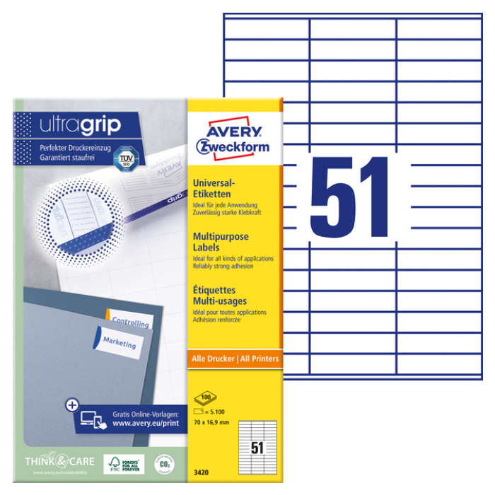Etiket Avery Zweckform 3420 70x16.9mm wit 5100stuks