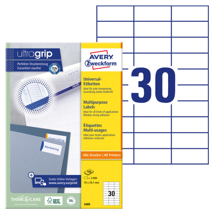 Etiket Avery Zweckform 3489 70x29.7mm wit 3000stuks